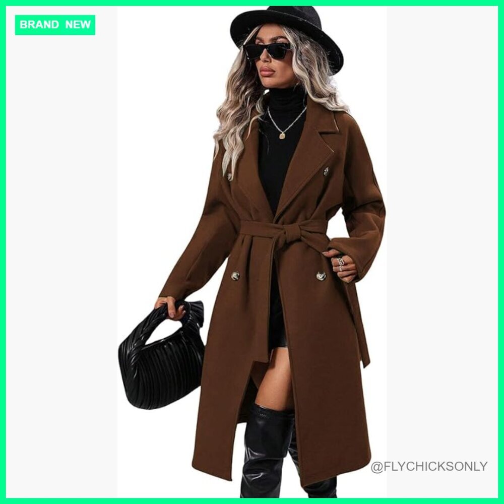 Long Wool Pea Coat Double Breasted Trench Coat with Belt